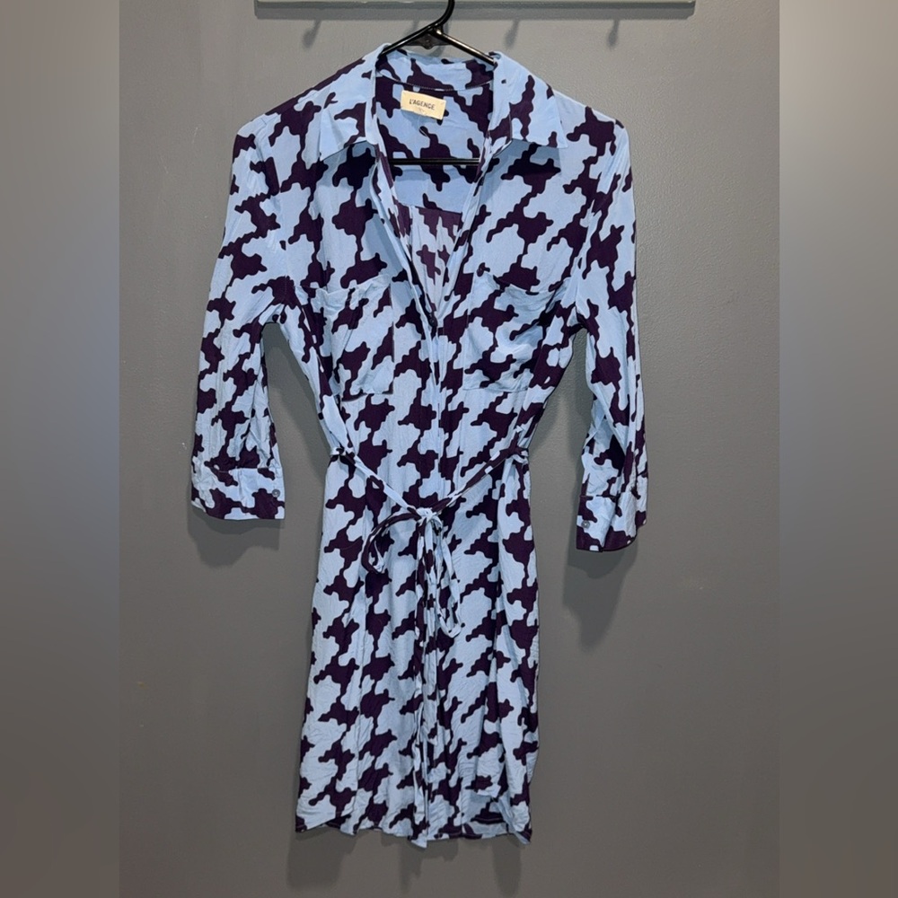 L’Agence Button Up Collared Belted Silk Dress Blue Houndstooth Size XS